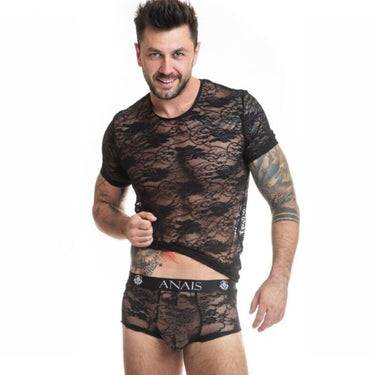 T-Shirt Uomo Romance con Pizzo Nero e Stampa Floreale Elegante